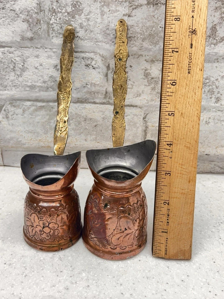 Juego de cafetera turca vintage de cobre y latón griego árabe grabado Copperbull Foto 4 de 4