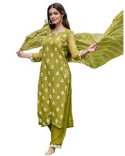 GoSriKi Women's Cotton Blend Embroidered Straight Kurta with Pant  Dupatta ...