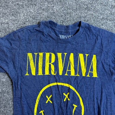 Nirvana T-Shirt Mens Size S Blue Smiley Face Logo Graphic Rock Band Grunge Tee