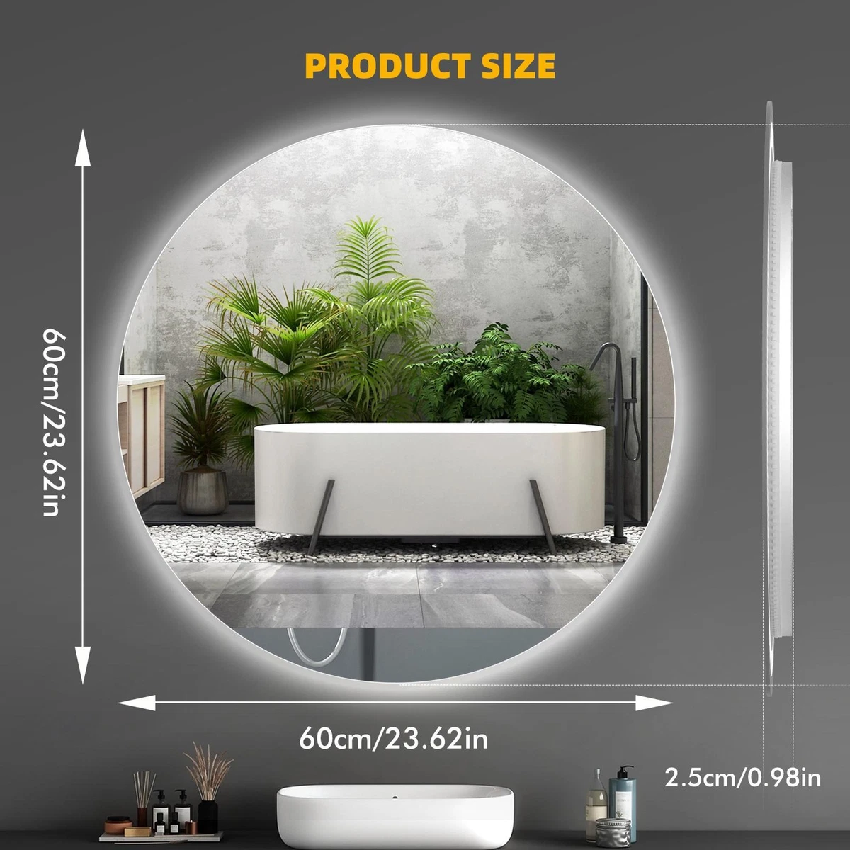 LED Badspiegel 60x60 cm Anti-Beschlag dimmbar 3 Farbtemperaturen IP44 Touch Uhr