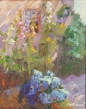 Hollyhocks Flowers Modern Impasto Oil on Board Framed Antinucci c.2000