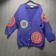 Vintage Purple Cardigan Sweater Hand Embroidered Women Size Large Latin
