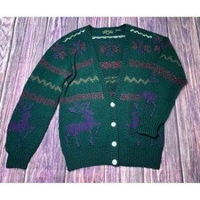 Vintage Hand Knit Moose Fair Isle Nordic Cardigan Sweater S Ugly Christmas