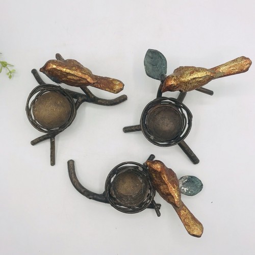 Vintage Bird Nest Bronze Brass Bird Flowers Tea Light Candle Holder Set of 3 MCM - Picture 11 of 11