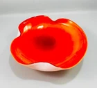 Vintage MCM Murano Fold Sides Orange White Art Glass Bowl Ashtray 8"