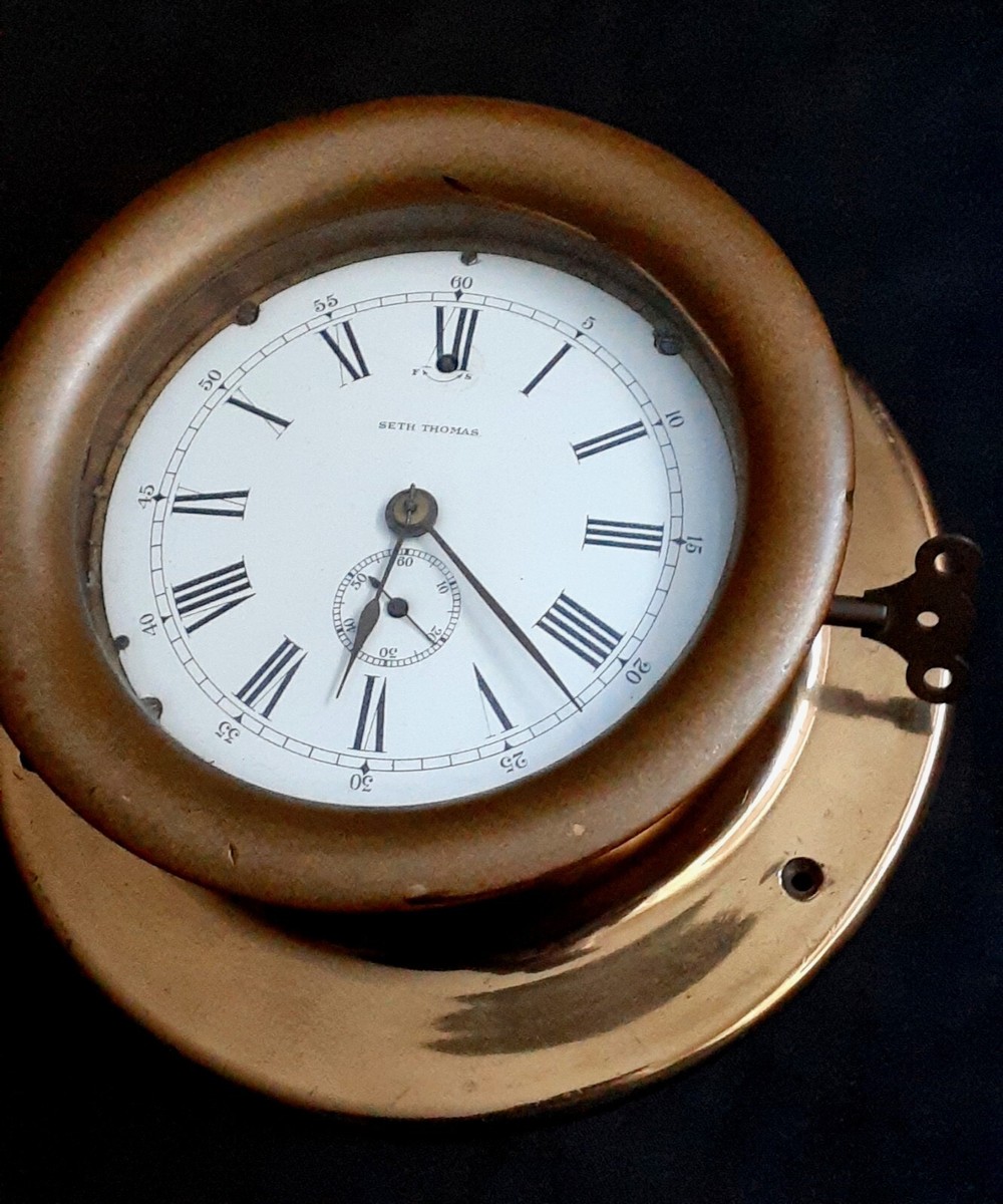 Antique Seth Thomas brass Ship's Clock w. Porcelain Dial