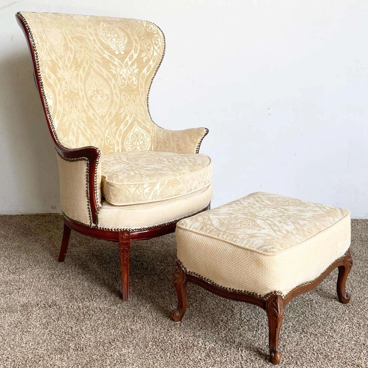 Victorian Style Carved Wingback Chair With Ottoman eBay