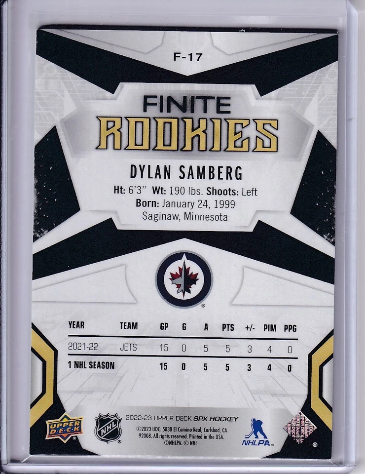 Dylan Samberg, Winnipeg Jets 2022-23 SPX Finite Rookies 82/499 #F-17 - Image 2 of 2
