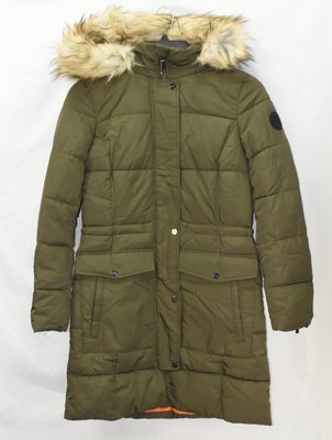 DKNY Women's Size XS Faux Fur Trim Hooded Zip Puffer Coat Green NwT