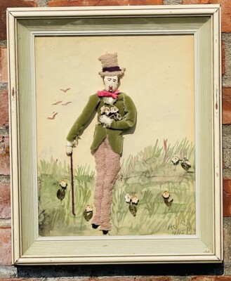 1953 American Folk Art Fabric Figure Of Strolling Man In Pink Wooly Pants.Signed