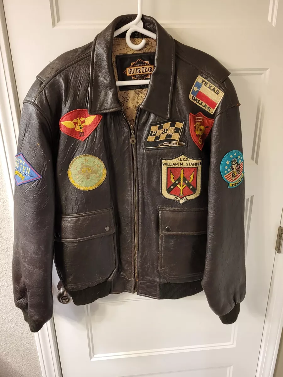 Bomber Jacket Made By Guide Gear Size Large, Brown Leather Jacket, Patches  x8