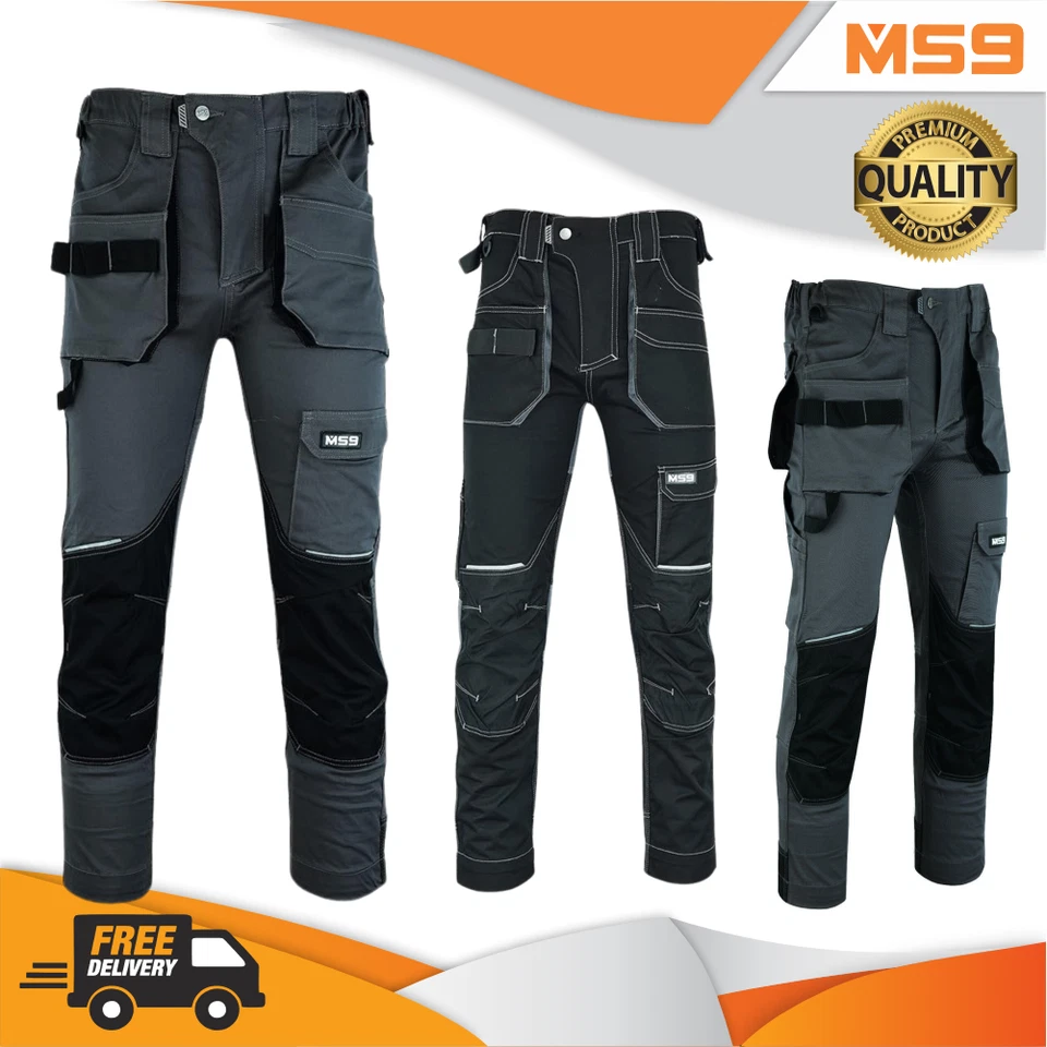 MS9 Mens Cargo Combat Slim Fit Stretch Spandex Work Working Trousers Pants