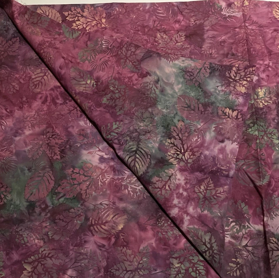 Cotton Tie Dye Design with Leaves Fabric Purple Green Gold 1.35 Yds x 36 Inches - Image 2 of 4