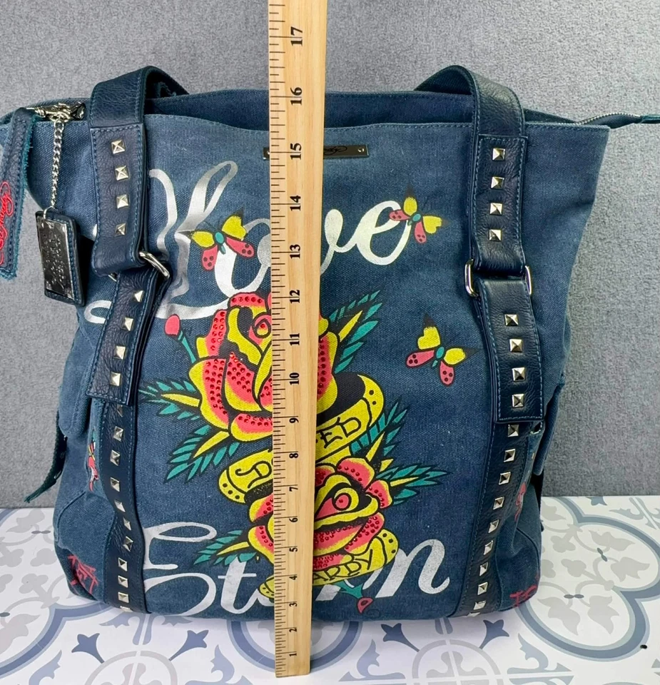 Vintage Y2K Ed Hardy Tote Bag Purse Love Eternal Tattoo Art Studs Large Retro - Image 4 of 4