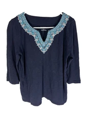 TALBOTS Top Size P Large Blue Embroidered Coastal Resort Summer Spring Cotton