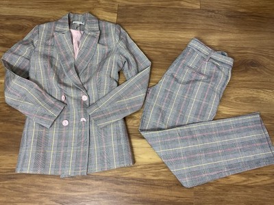 Damen Teorema Karo Anzug Set UK 6 Baumwolle Leinen Blazer & Hose Smart Tailored