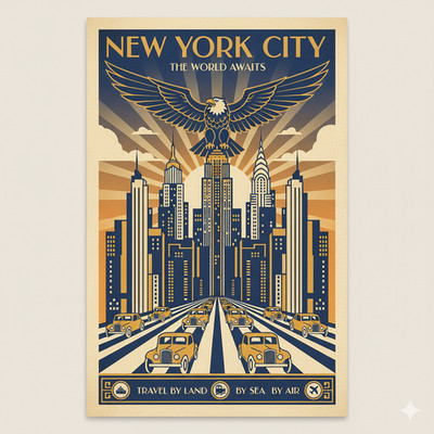   New York City Travel Poster - Art Deco Style - 24x32  Print