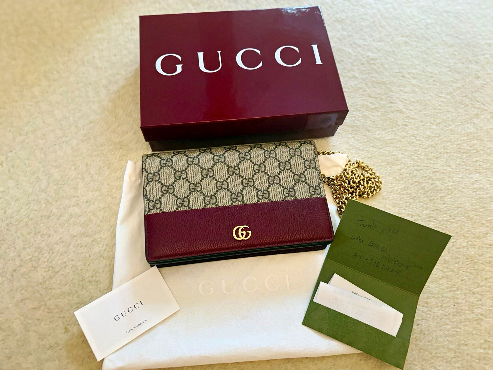 Gucci GG Marmont Wallet on Chain GG Logo Canvas/Leather Beige Burgundy