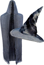 Rustic Grey Wizard Costume Set with Wizard Hat Grey and Gray Distressed Cloak Ca