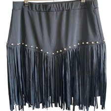Black Fringe Stud Mini Skirt Festival Western Boho Silver Studs Stretch 2XL