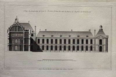 Antike klassische französische Architektur Gravur Palast Herrenhaus Stadthaus 1727