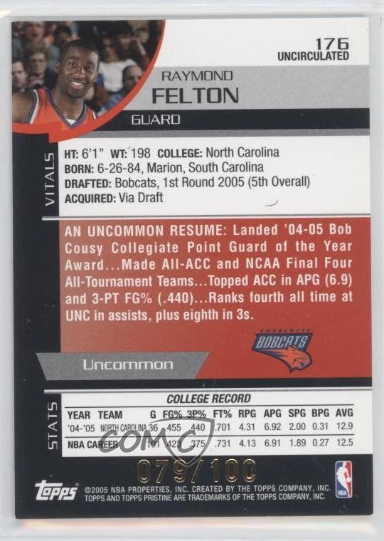 2005-06 Topps Pristine Uncirculated /100 Raymond Felton #176 Rookie RC - Image 2 of 2