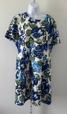 Halston Blue Floral Short Sleeve Shift Stretch Dress Size 14