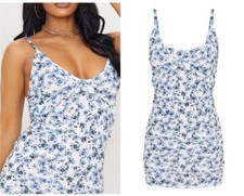 Prettylittlething Blue Floral Print Frill Underbust Detail Strappy Mini Dress 4