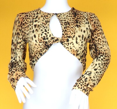 Bear Dance Brown Animal Print Long Sleeve Cropped Top Size S