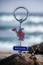 Boston Massachusetts Key Ring 3.5" with Happy Lobster - Silver Red Blue