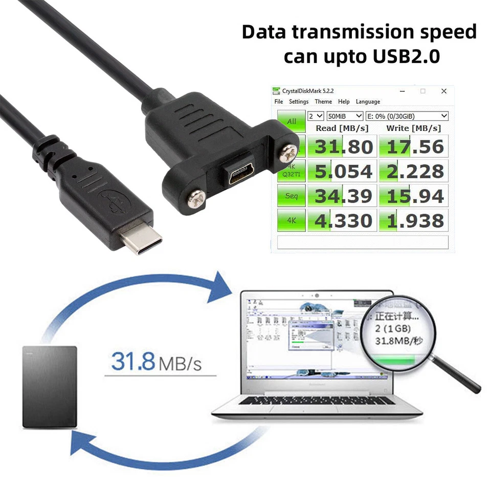 USB2.0 Mini 5Pin Female to Type-C USB-C Male 480Mbps Data with Panel Mount Holes - Image 3 of 4