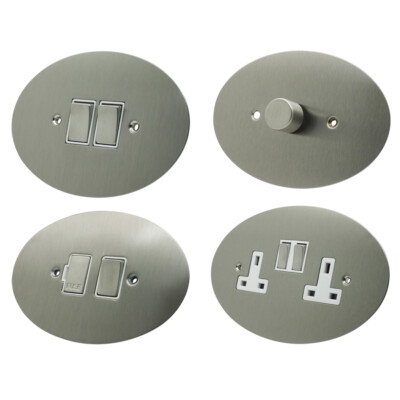 OVALE RUNDE FORM Steckdosen Lichtschalter Dimmer Edelstahl satiniert chrom