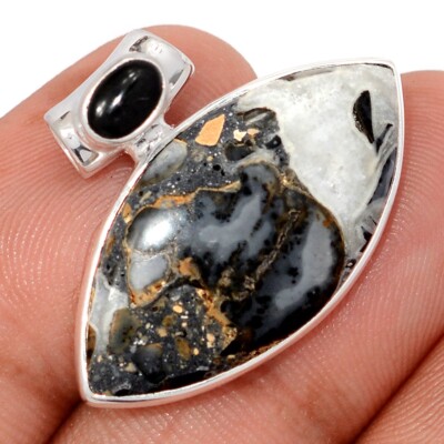 Natürlicher Maligano Jaspis, Indonesischer & Schwarzer Onyx 925 Silber Anhänger CP74885