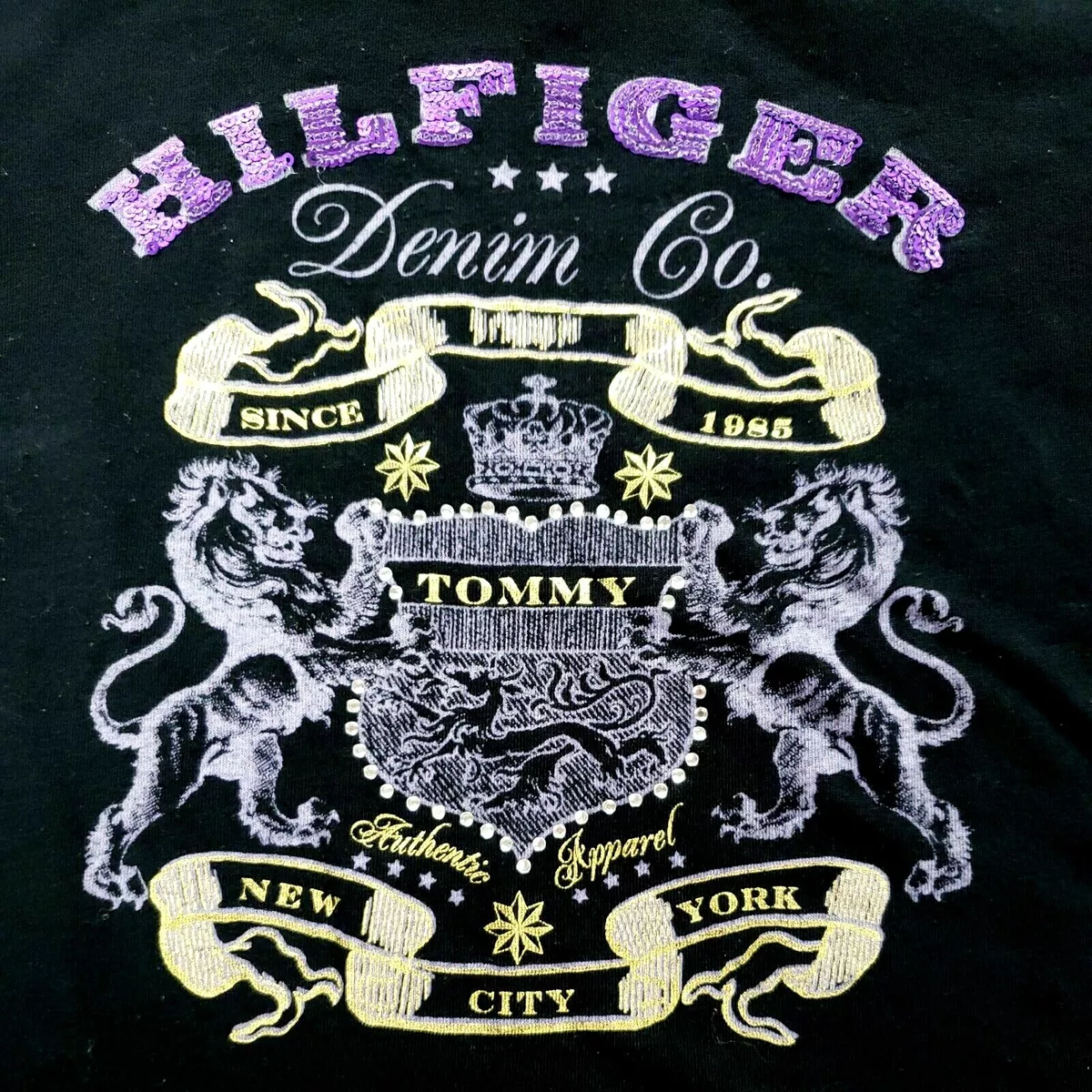 Tommy Hilfiger Denim Co T Shirt Women s Emblem Black Purple Sequins Gold Print M
