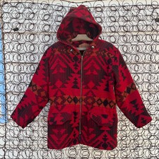 80s 90s Woolrich Maroon Orange Tribal Aztec Southwestern Blanket Coat Small