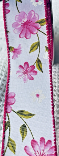 Pink Floral 1.5" by 2 yd White Wired Ribbon Spring Summer Morning Glories - Picture 6 of 7