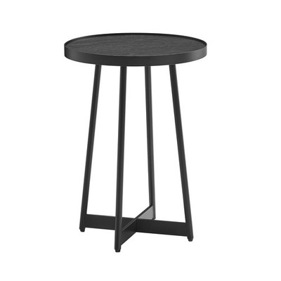 Modern round accent table, black oak veneer, black geometric metal legs