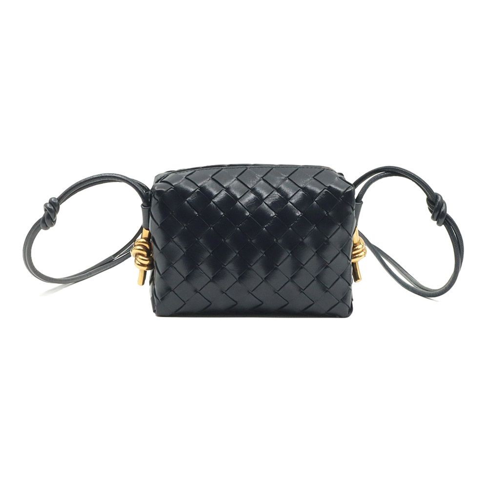 Bottega Veneta Blue Navy Intrecciato Woven Mini Loop Gold