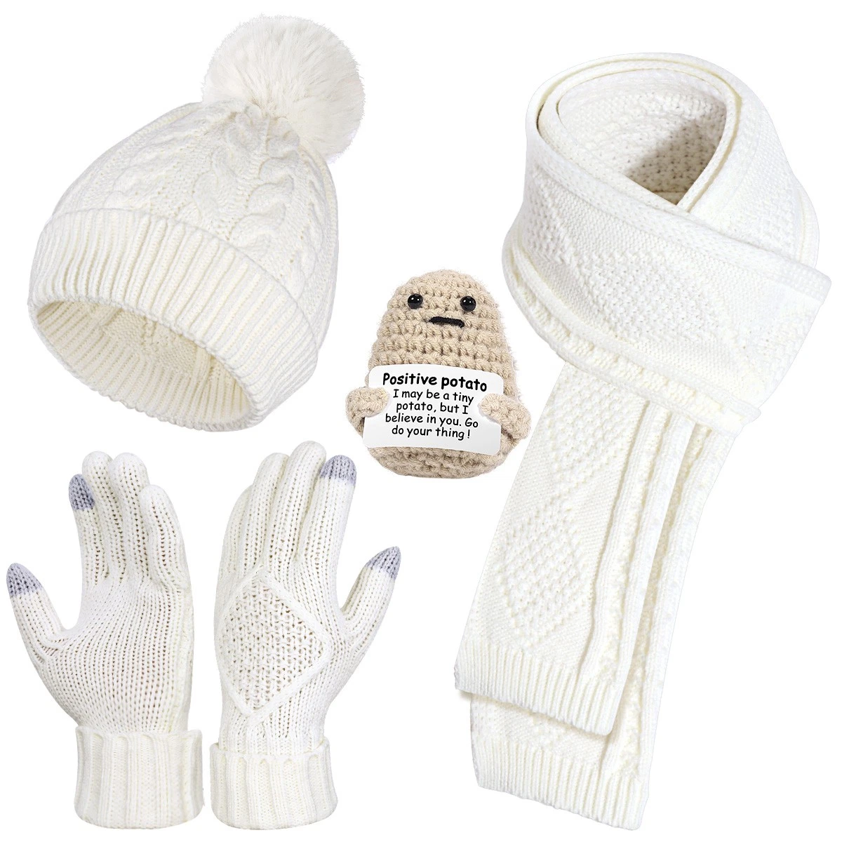Women Beanie Long Scarf Hat Touchscreen Gloves Set Keep Warm Winter Knitted Gift