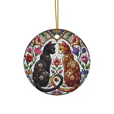 Stained Glass Style Cat Couple Ceramic Printed Ornament, Floral Decor Cat Lovers