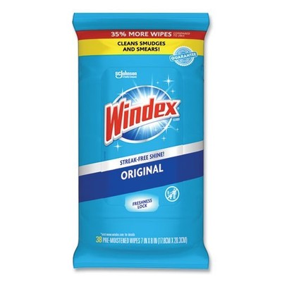 Windex Glass and Surface Wet Wipe, Cloth, 7 x 8, Unscented, White, 38/Pack