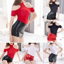 Womens See-through Leotard Tops Faux Leather Bodycon Mini Skirt Party Club Dress