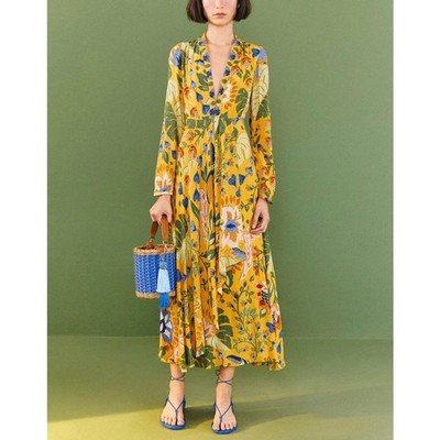 Farm Rio Sz L Summer Garden Dress Maxi Floral Wedding Guest Vacation Boho Cruise