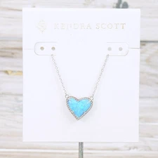 NWT Kendra Scott Ari Heart Kyocera Opal Ocean Blue Necklace Silver Tone