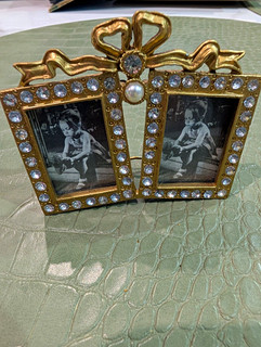 Vintage Gold Metal Double Photo Frame with Diamante Bow Freestanding Portrait