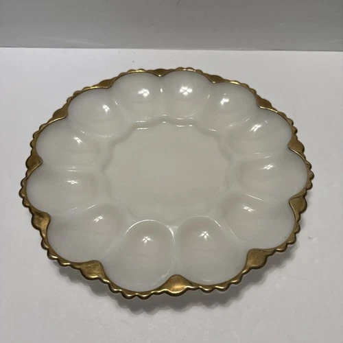 Vintage Creamy Milk Glass Gold Trim Deviled Egg/Oyster Plate Anchor Hocking 10”