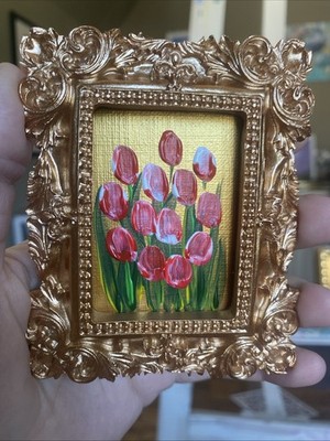 Red Tulips Flowers Original Painting On Paper,miniature,small,gold,framed