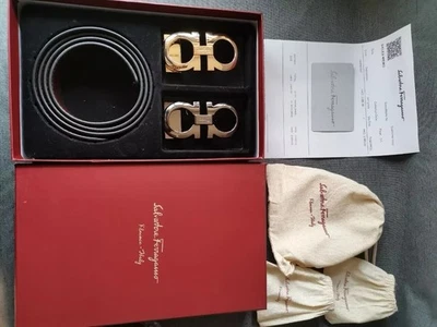 SALVATOREFERRAGAMO Salvatore Ferragamo Men's Belt Set - Black & Gold, Dual Buckle Luxury