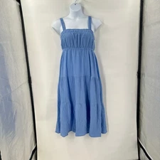 New Steve Madden Vista Blue Tiered Midi Dress Medium Gauze Smocked Blue Coastal