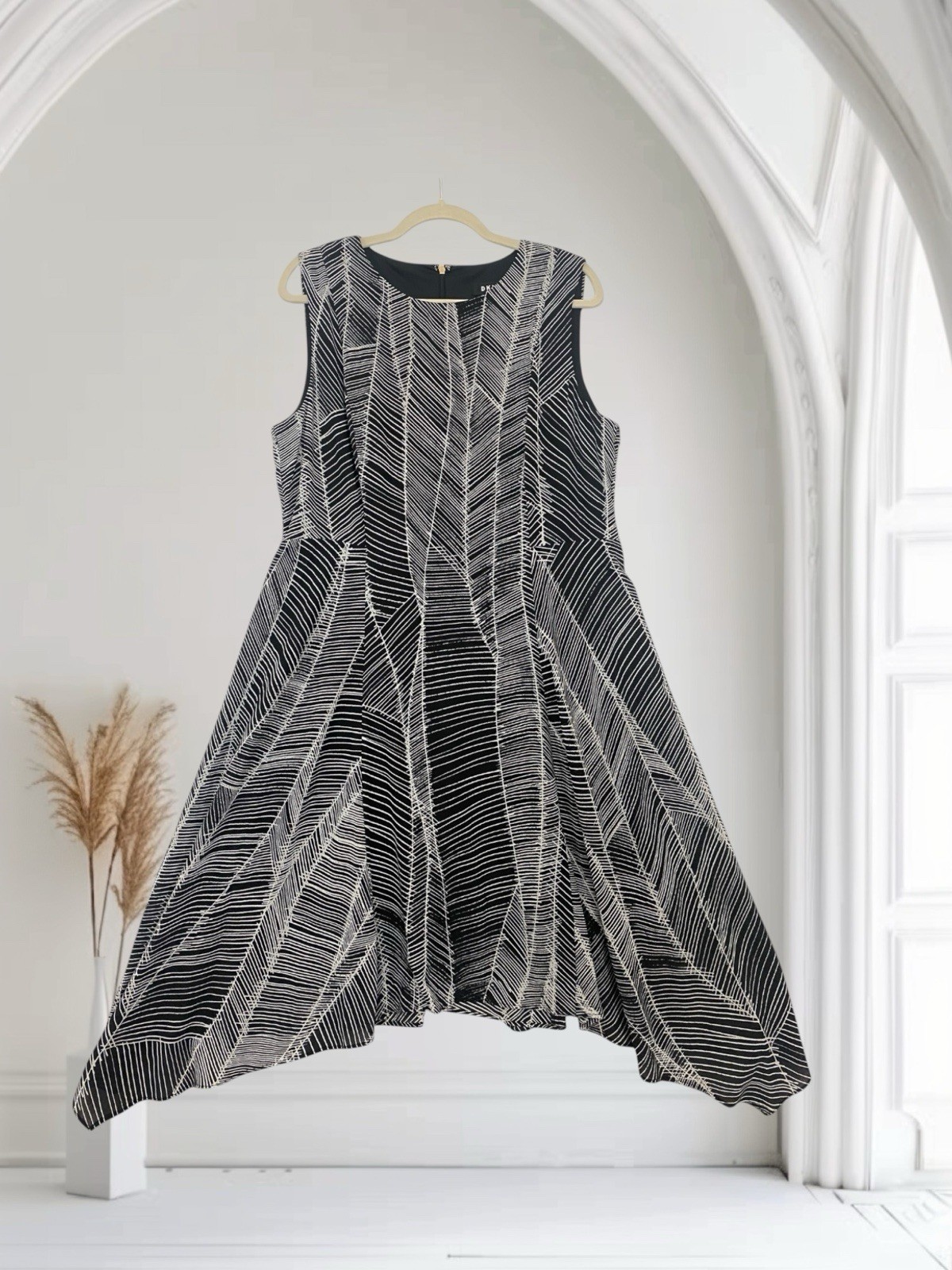 DKNY Women’s Asymmetrical Hem Midi Dress Size 14 Black Geo Print Fall Holiday